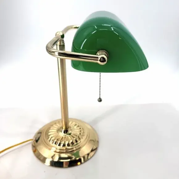 Vintage Banker's Desk Piano Lamp Green Glass Shade Pull Chain Gold Metal Base - Picture 3 of 13